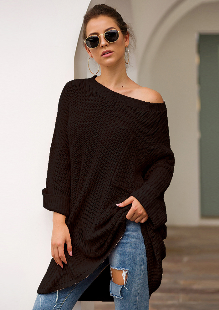 SZ60241-3 Black Knit One Shoulder Long Sleeve Casual Sweater
